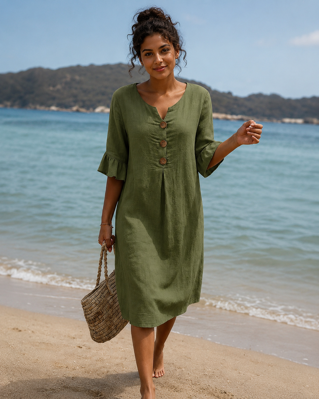 Éliane - Stylish Button V-Neck Dress
