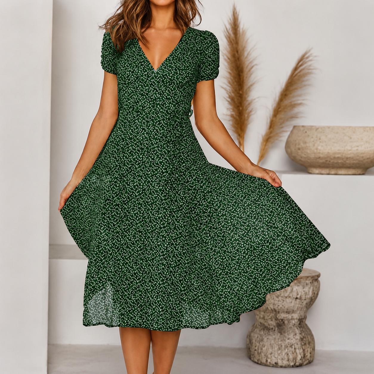 Krystale - Chic V-Neck Midi Dress