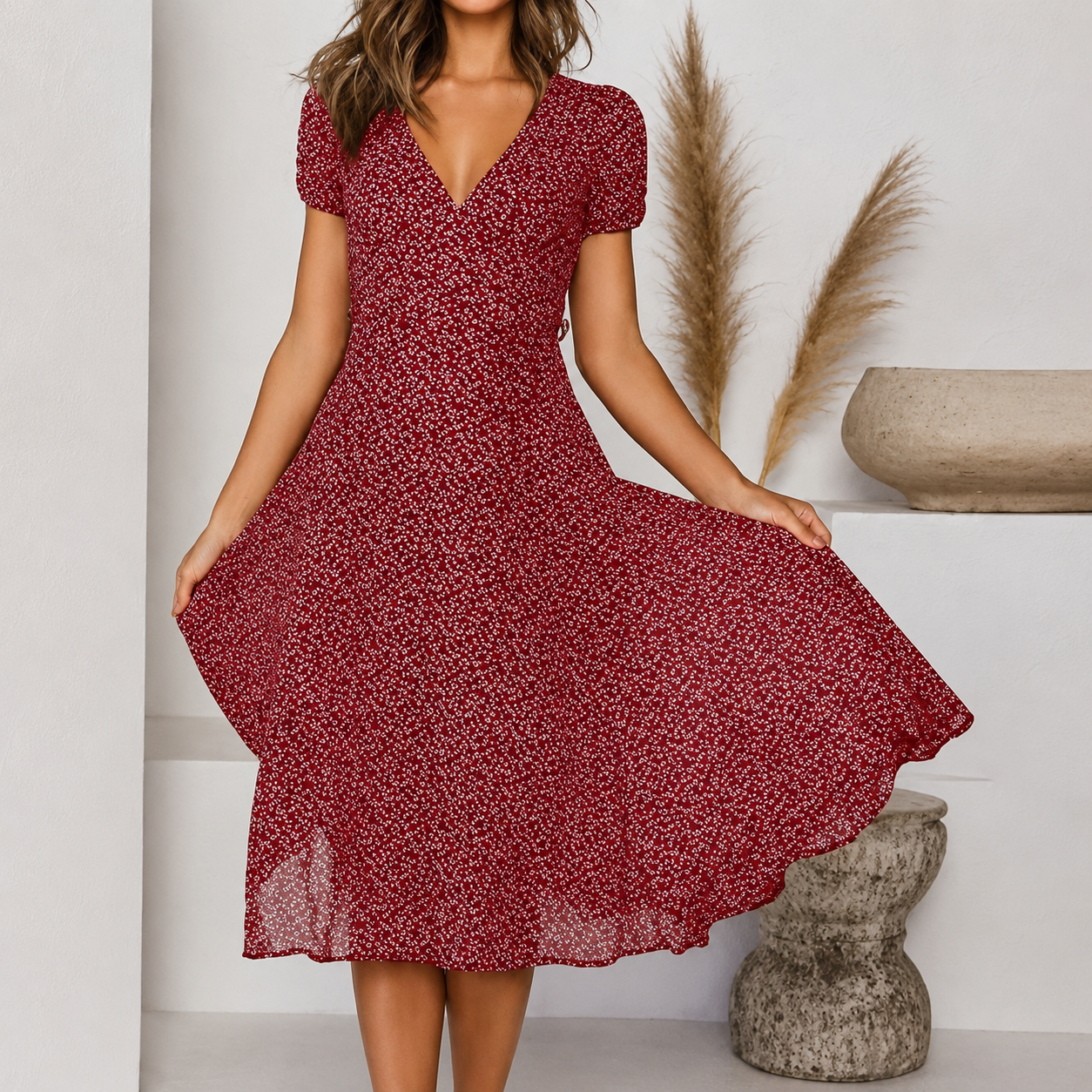 Krystale - Chic V-Neck Midi Dress
