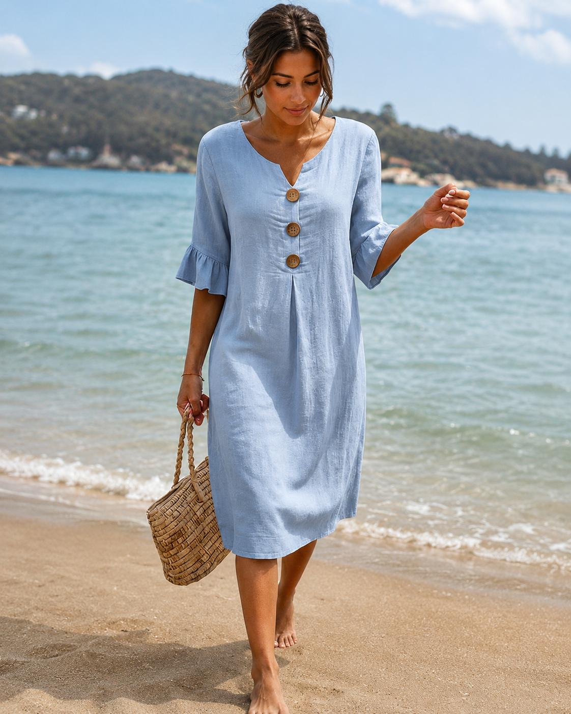 Éliane - Stylish Button V-Neck Dress