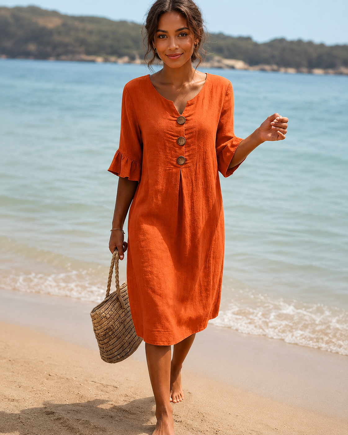 Éliane - Stylish Button V-Neck Dress