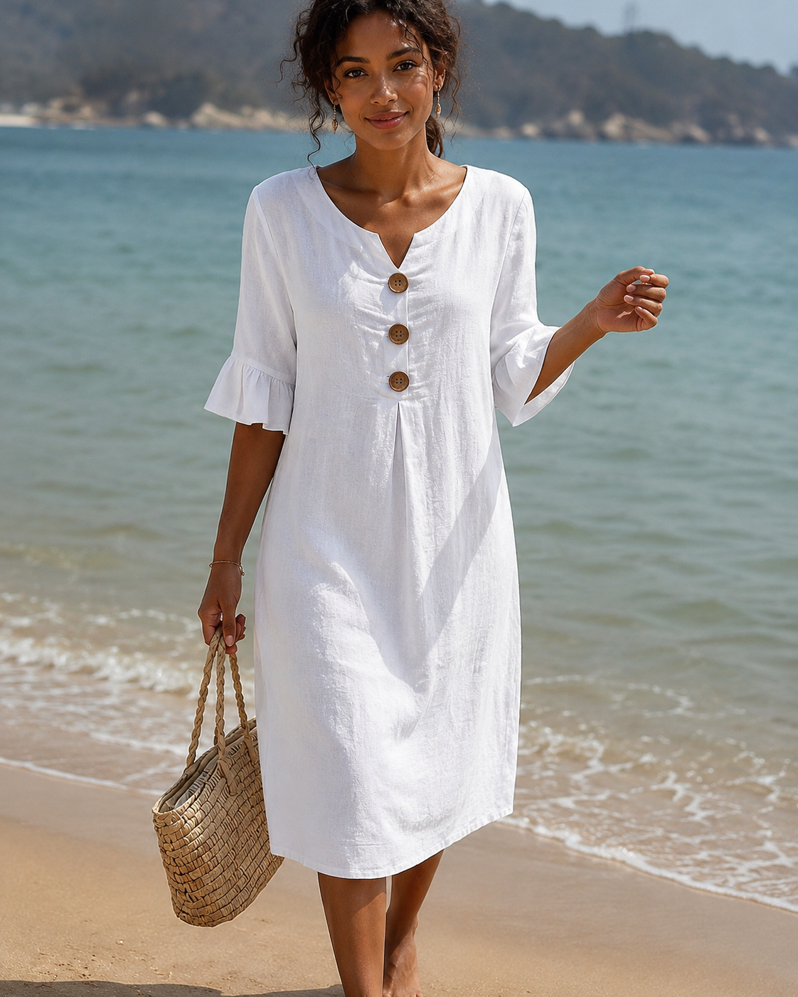 Éliane - Stylish Button V-Neck Dress
