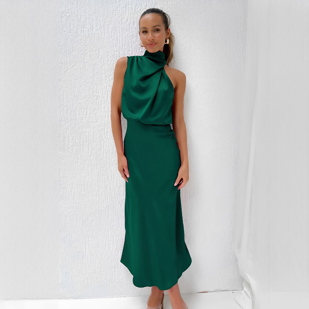 Elianna - Stylish Asymmetrical Neckline Midi Dress