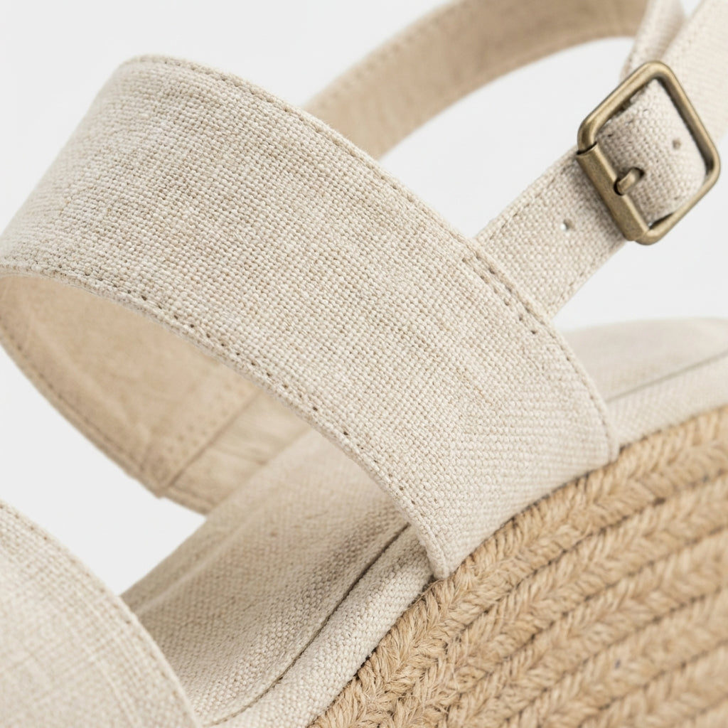 Beige Canvas Wedge Sandals